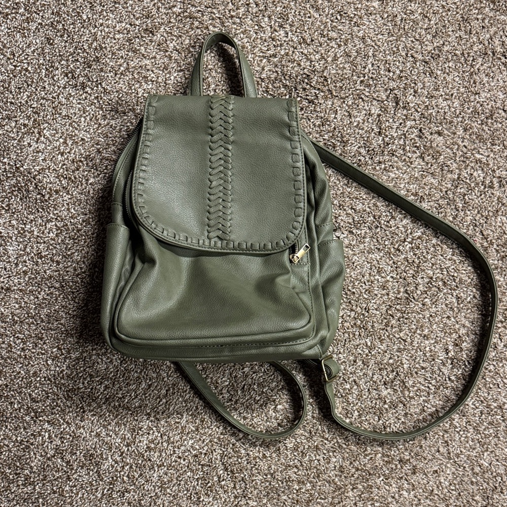 Olive Green Faux Leather Backpack